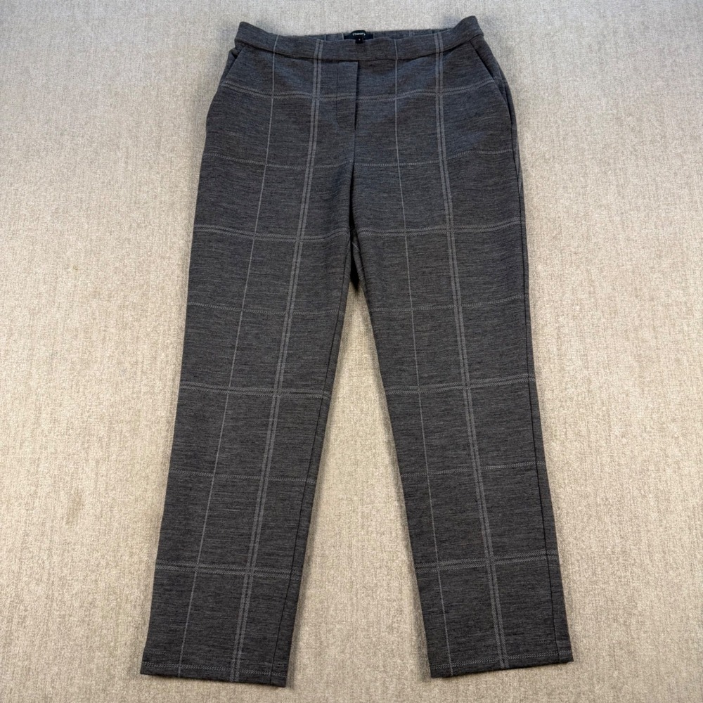 Theory Treeca Pull On Reagan Knit Pants Women 6 Grey Windowpane Plaid Slim